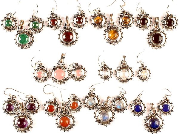 Lot of Ten Gemstone Pendants & Earrings Sets<br>(Malachite, Garnet, Tiger Eye, Black Onyx, Rose Quartz, Pearl, Amethyst, Carnelian, Rainbow Moonstone & Lapis Lazuli)