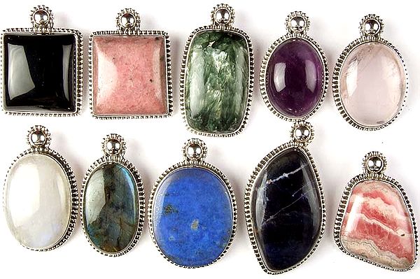 Lot of Ten Gemstone Pendants (Black Onyx, Rhodonite, Moss Agate, Amethyst, Rose Quartz, Rainbow Moonstone, Labradorite, Lapis Lazuli, Agate and Rhodochrosite)
