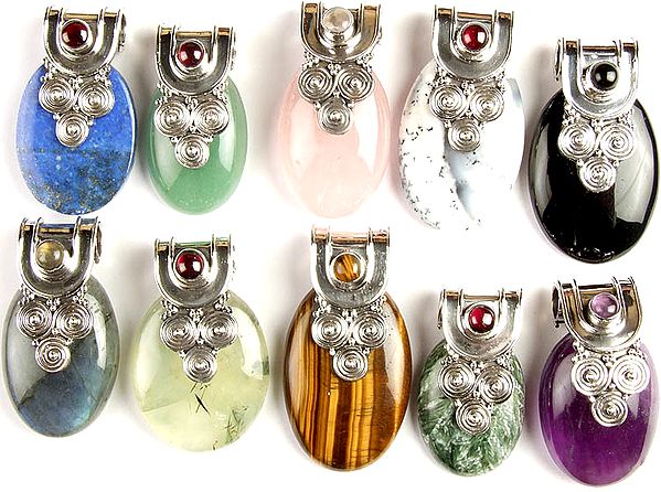 Lot of Ten Gemstone Pendants (Lapis Lazuli, Green Onyx, Rose Quartz, Dendrite, Black Onyx, Labradorite, Prehnite, Tiger Eye, Moss Agate and Amethyst)