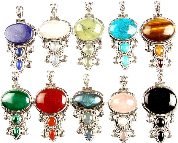 Lot of Ten Gemstone Pendants (Lapis Lazuli, Rainbow Moonstone, Prehnite, Turquoise, Tiger Eye with Garnet, Malachite, Carnelian, Labradorite, Rose Quartz with Pearl and Black Onyx)