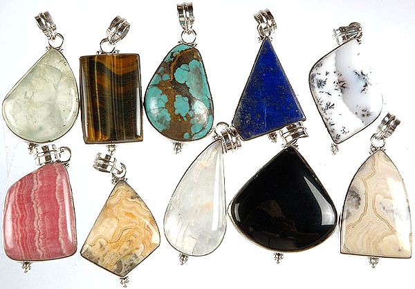 Lot of Ten Gemstone Pendants (Prehnite, Iron Tiger Eye, Turquoise, Lapis Lazuli, Dendrite, Rhodochrosite, Agate, Rainbow Moonstone, Black Onyx and Picture Jasper)