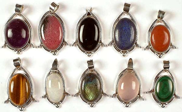 Lot of Ten Gemstone Pendants<br>(Amethyst, Rhodonite, Black Onyx, Lapis Lazuli, Carnelian, Tiger Eye, Rainbow Moonstone, Labradorite, Rose Quartz & Malachite)