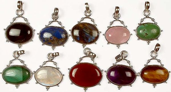 Lot of Ten Gemstone Pendants<br>(Black Onyx, Lapis Lazuli, Labradorite, Rose Quartz, Turquoise, Malachite, Rainbow Moonstone, Carnelian, Amethyst & Tiger Eye)