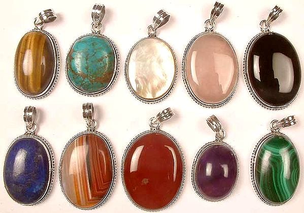 Lot of Ten Gemstone Pendants<br>(Tiger Eye, Turquoise, Shell, Rose Quartz, Black Onyx, Lapis Lazuli, Carnelian, Carnelian, Amethyst & Malachite)