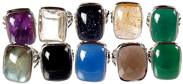 Lot of Ten Gemstone Rings<br>(Amethyst, Crystal, Blue Sun Sitara, Citrine, Green Onyx, Labradorite, Black Onyx, Blue Chalcedony, Faceted Smoky Quartz and Green Onyx)