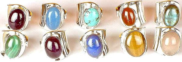 Lot of Ten Gemstone Rings<br>(Amethyst, Blue Chalcedony, Turquoise, Carnelian, Labradorite, Malachite, Amethyst, Lapis Lazuli, Tiger Eye & Rose Quartz)
