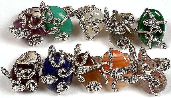 Lot of Ten Gemstone Serpent Rings (Amethyst, Turquoise, Rainbow Moonstone, Labradorite, Malachite, Amethyst, Lapis Lazuli, Tiger Eye, Carnelian & Chaorite)