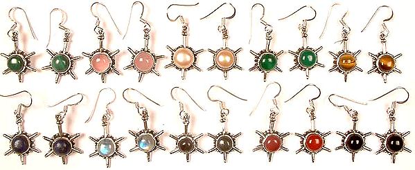 Lot of Ten Gemstone Sun Earrings<br>(Malachite, Rose Quartz, Pearl, Green Onyx, Tiger Eye, Lapis Lazuli, Rainbow Moonstone, Labradorite, Carnelian & Black Onyx)