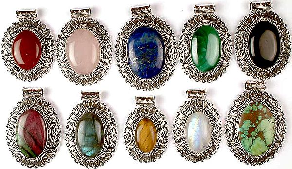 Lot of Ten Oval Gemstone Pendants<br>(Carnelian, Rose Quartz, Lapis Lazuli, Malachite, Black Onyx, Ruby Zoisite, Labradorite, Tiger Eye, Rainbow Moonstone & Turquoise)
