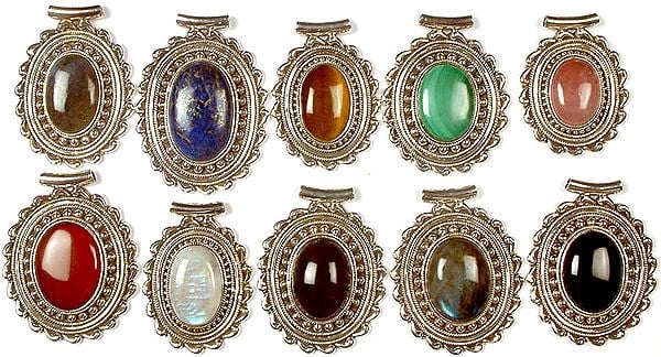 Lot of Ten Oval Gemstone Pendants<br>(Labradorite, Lapis Lazuli, Tiger Eye, Malachite, Rose Quartz, Carnelian, Rainbow Moonstone, Amethyst, Labradorite & Black Onyx)