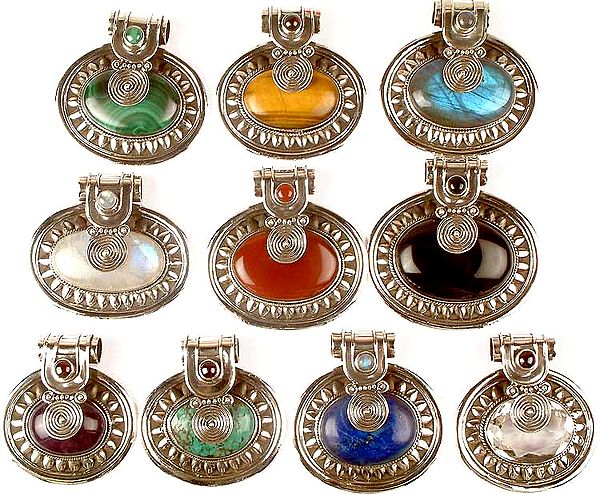 Lot of Ten Oval Gemstone Pendants<br>(Malachite, Tiger Eye, Labradorite, Rainbow Moonstone, Carnelian, Black Onyx, Amethyst, Turquoise, Lapis Lazuli & Crystal)
