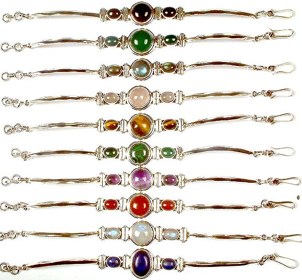 Lot of Ten Triple Gemstone Bracelets<br>(Black Onyx, Green Onyx, Labradorite, Rose Quartz, Tiger Eye, Malachite, Amethyst, Carnelian, Rainbow Moonstone & Lapis Lazuli)