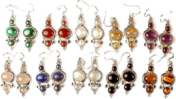 Lot of Ten Triple Gemstone Earrings<br>(Malachite, Carnelian, Pearl, Golden Rutile, Amethyst, Rose Quartz, Lapis Lazuli, Rainbow Moonstone, Black Onyx & Tiger Eye)