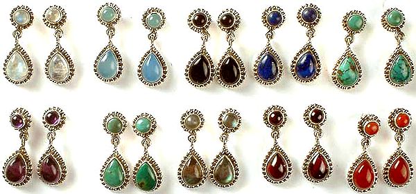 Lot of Ten Twin Gemstone Earrings (Rainbow Moonstone, Blue Chalcedony, Black Onyx, Lapis Lazuli, Turquoise, Amethyst, Chrysocola, Labradorite, Garnet, & Carnelian)
