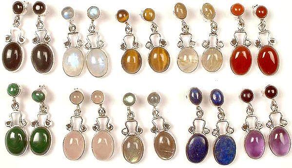 Lot of Ten Twin Gemstone Earrings<br>(Black Onyx, Rainbow Moonstone, Tiger Eye, Golden Rutile, Carnelian, Malachite, Rose Quartz, Labradorite, Lapis Lazuli & Amethyst)