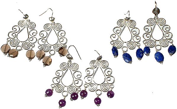 Lot of Three Dangling Faceted Gemstone Designer Earrings <br>(Smoky Quartz, Amethyst and Lapis Lazuli)