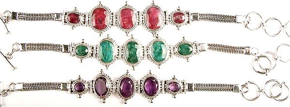 Lot of Three Faceted Gemstone Bracelets (Ruby, Emerald and Amethyst)