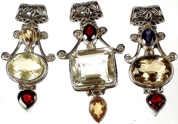 Lot of Three Faceted Gemstone Crown Pendants<br>(Lemon Topaz with Citrine and Garnet, Crystal with Garnet and Citrine and Citrine with Iolite and Garnet)