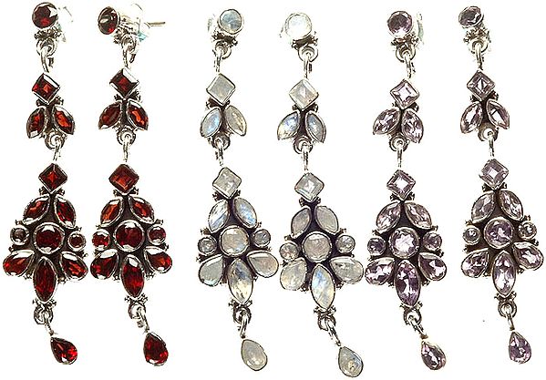 Lot of Three Faceted Gemstone Earrings (Garnet, Rainbow Moonstone and Amethyst)