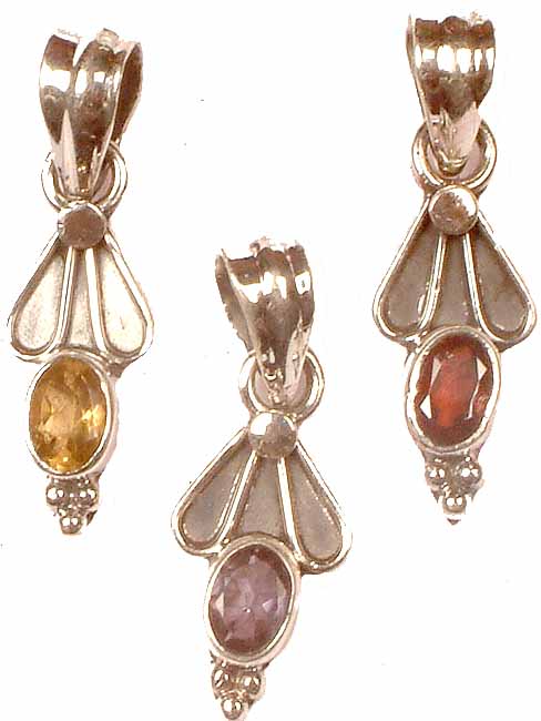 Lot Of Three Faceted Gemstone Small Pendants<br<(Citrine, Amethyst, and Garnet)