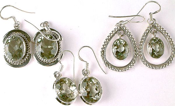 Lot of Three Faceted Green Amethyst Earrings