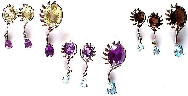 Lot of Three Fine Cut Pendants with Matching Earrings Set<br>(Lemon Topaz with Amethyst, Amethyst with Blue Topaz and Smoky Quartz with Blue Topaz)