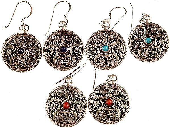 Lot of Three Fine Filigree Earrings with Central Gemstones (Black Onyx, Turquoise and Coral)