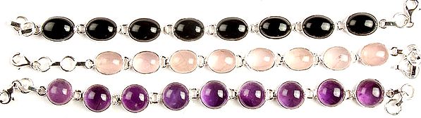 Lot of Three Gemstone Bracelets (Black Onyx, Rose Quartz and Amethyst)
