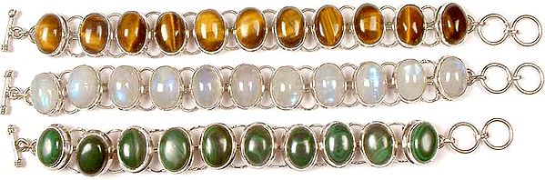 Lot of Three Gemstone Bracelets<br>(Tiger Eye, Rainbow Moonstone & Malachite)