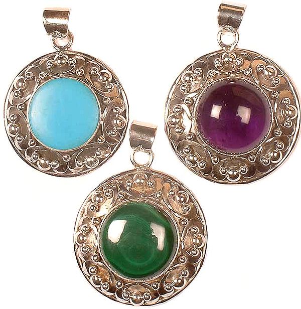 Lot Of Three Gemstone Circular Pendants&lt;br&gt;(Turquoise, Amethyst and Malachite)