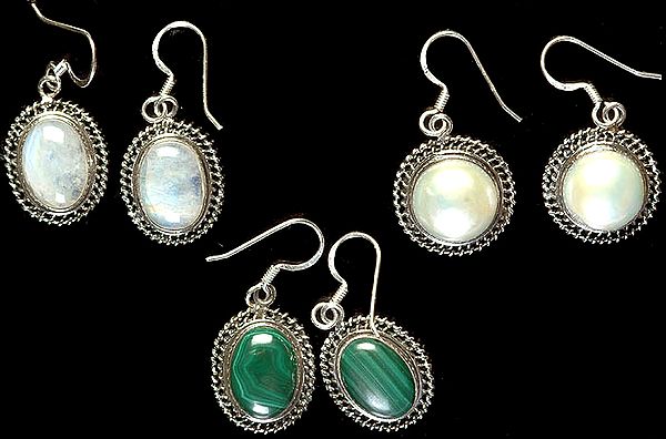 Lot of Three Gemstone Earrings (Rainbow Moonstone, Pearl and Malachite)