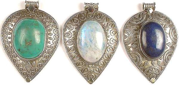 Lot of Three Gemstone Granulated Pendants<br>(Turquoise, Rainbow Moonstone & Lapis Lazuli)