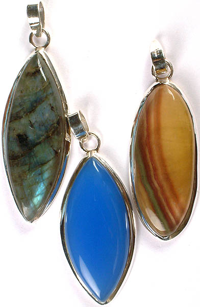 Lot of Three Gemstone Marquis Pendants (Labradorite, Blue Chalcedony and Fluorite)