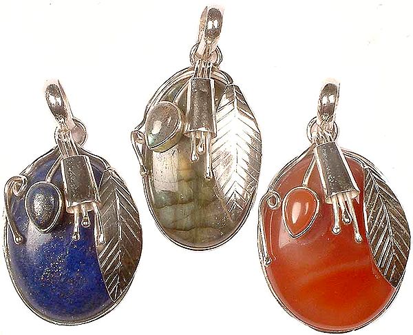 Lot Of Three Gemstone Oval Pendants With Sterling Leaf and Stems<br>(Lapis Lazuli, Labradorite & Carnelian)