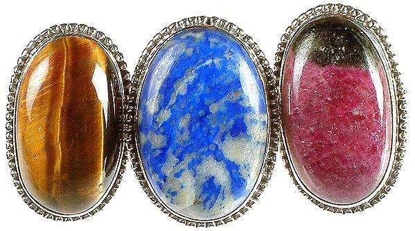 Lot of Three Gemstone Oval Rings (Tiger Eye, Sodalite and Ruby Zoisite)