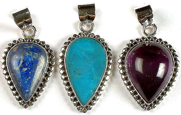 Lot of Three Gemstone Pendant<br>(Lapis Lazuli, Turquoise & Amethyst)