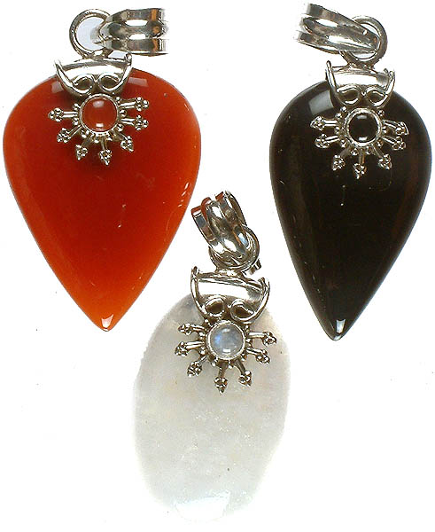 Lot of Three Gemstone Pendants (Carnelian, Black Onyx and Rainbow Moonstone)