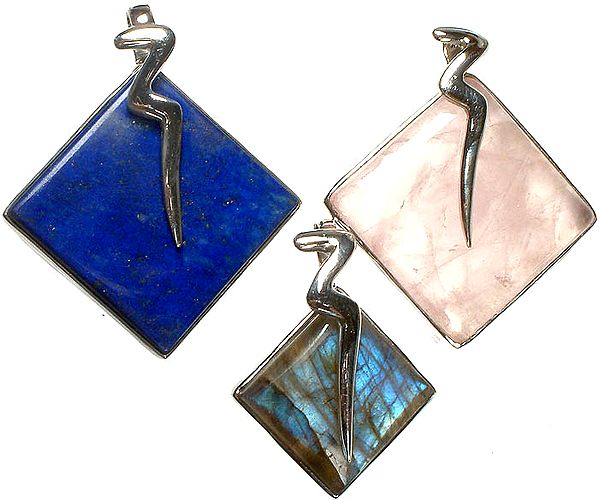 Lot of Three Gemstone Pendants (Lapis Lazuli, Rose Quartz and Labradorite)