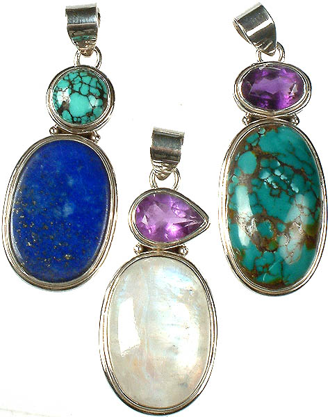 Lot of Three Gemstone Pendants (Lapis Lazuli, Turquoise, Amethyst and Rainbow Moonstone)