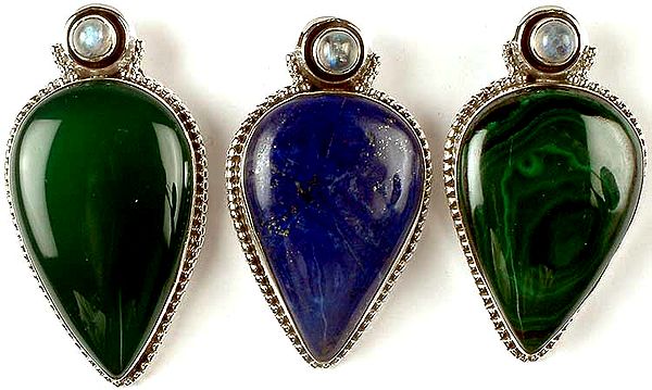 Lot of Three Gemstone Pendants with Rainbow Moonstone<br>(Green Onyx, Lapis Lazuli & Malachite)