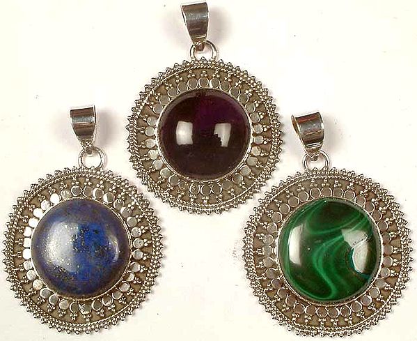 Lot Of Three Gemstone Pendants<br>(Amethyst, Lapis Lazuli, and Malachite)