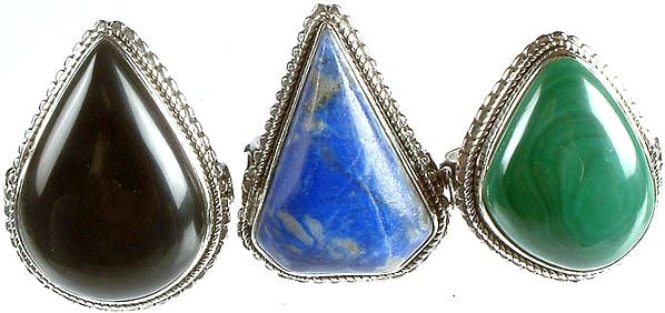 Lot of Three Gemstone Rings (Black Onyx, Sodalite and Malachite)
