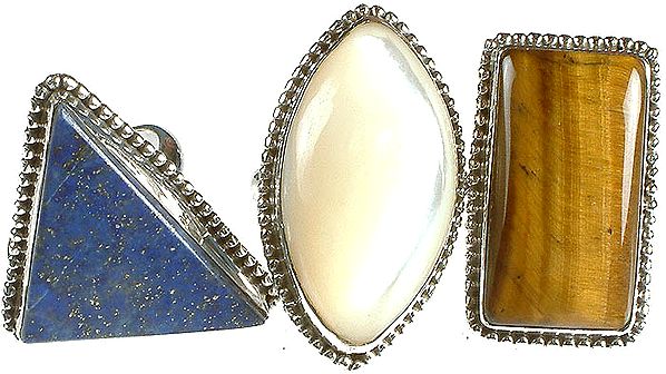 Lot of Three Gemstone Rings (Lapis Lazuli, Shell and Tiger Eye)