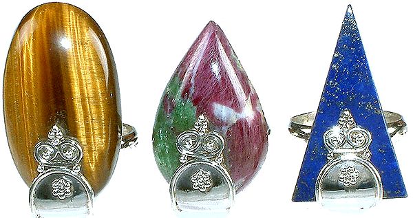 Lot of Three Gemstone Rings (Tiger Eye, Ruby Zoisite and Lapis Lazuli)