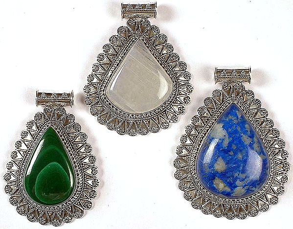 Lot of Three Gemstone Tear Drop Pendants<br>(Rainbow Moonstone, Malachite & Lapis Lazuli)