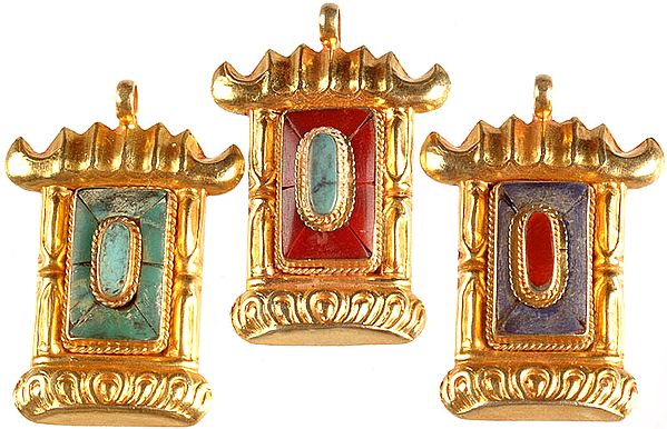Lot of Three Gold Plated Tibetan Gau Box Pendants with Turquoise, Coral and Lapis Lazuli