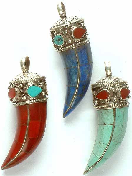 Lot of three Inlay Gemstone Claws<br>(Coral, Lapis Lazuli & Turquoise)