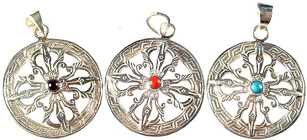 Lot of Three Mandala Pendants with Central Garnet, Coral and Turquoise