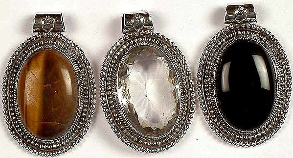 Lot of Three Oval Gemstone Pendants<br>(Tiger Eye, Faceted Crystal & Black Onyx)