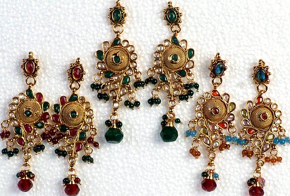 Lot of Three Polki Post Earrings with Colored Glass